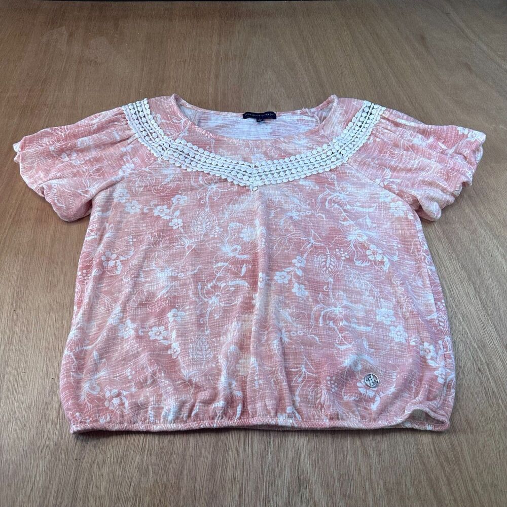 Adrienne Vittadini Top Womens Large Pink Floral Crochet Neck Stretch
